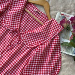 Red & White Gingham Check Puff Sleeve Top with Peter Pan Collar