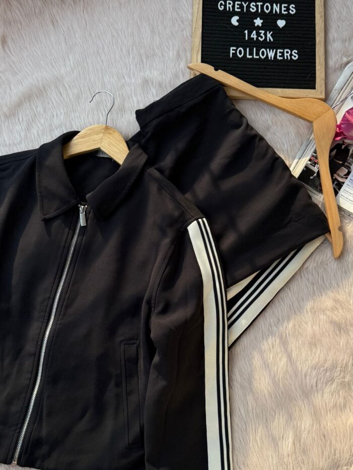 Black Two-Piece Tracksuit Set with White Side Stripes