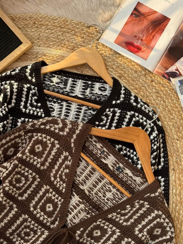 Black & Brown Crochet Geometric Cardigan