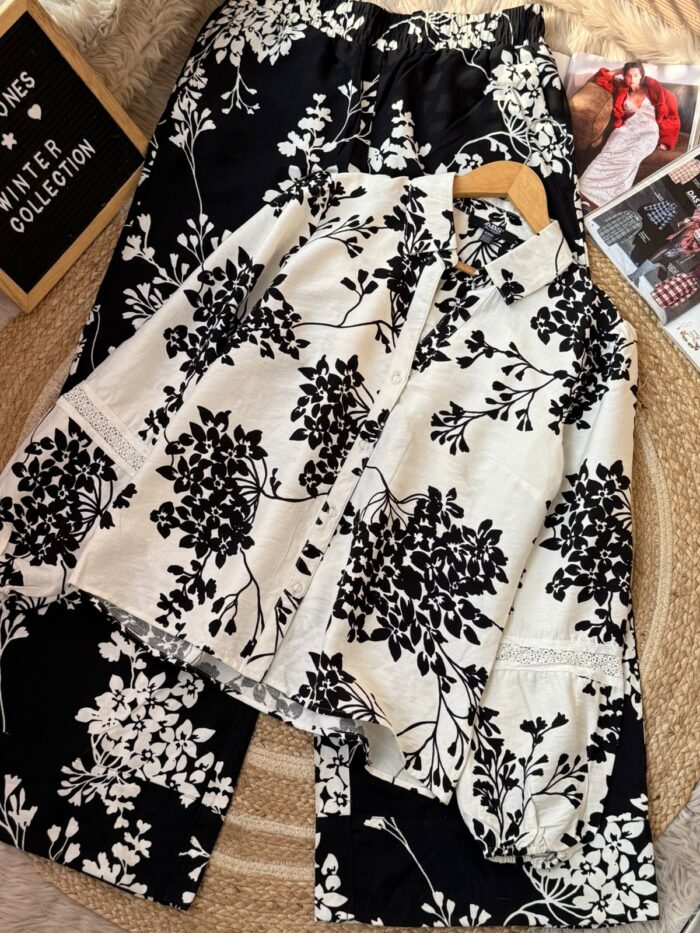 Black and white floral printed cotton co-ord set with button-down shirt and matching trousers