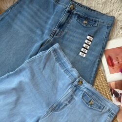 blue stonewash waist pants with elastic backside