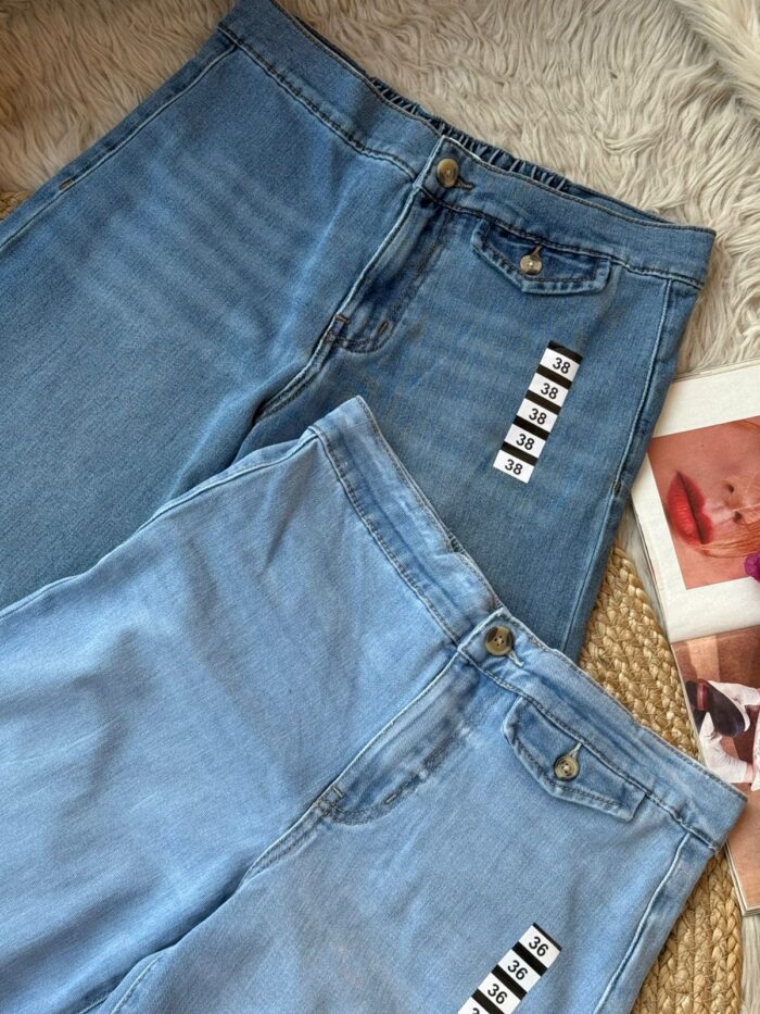 blue stonewash waist pants with elastic backside
